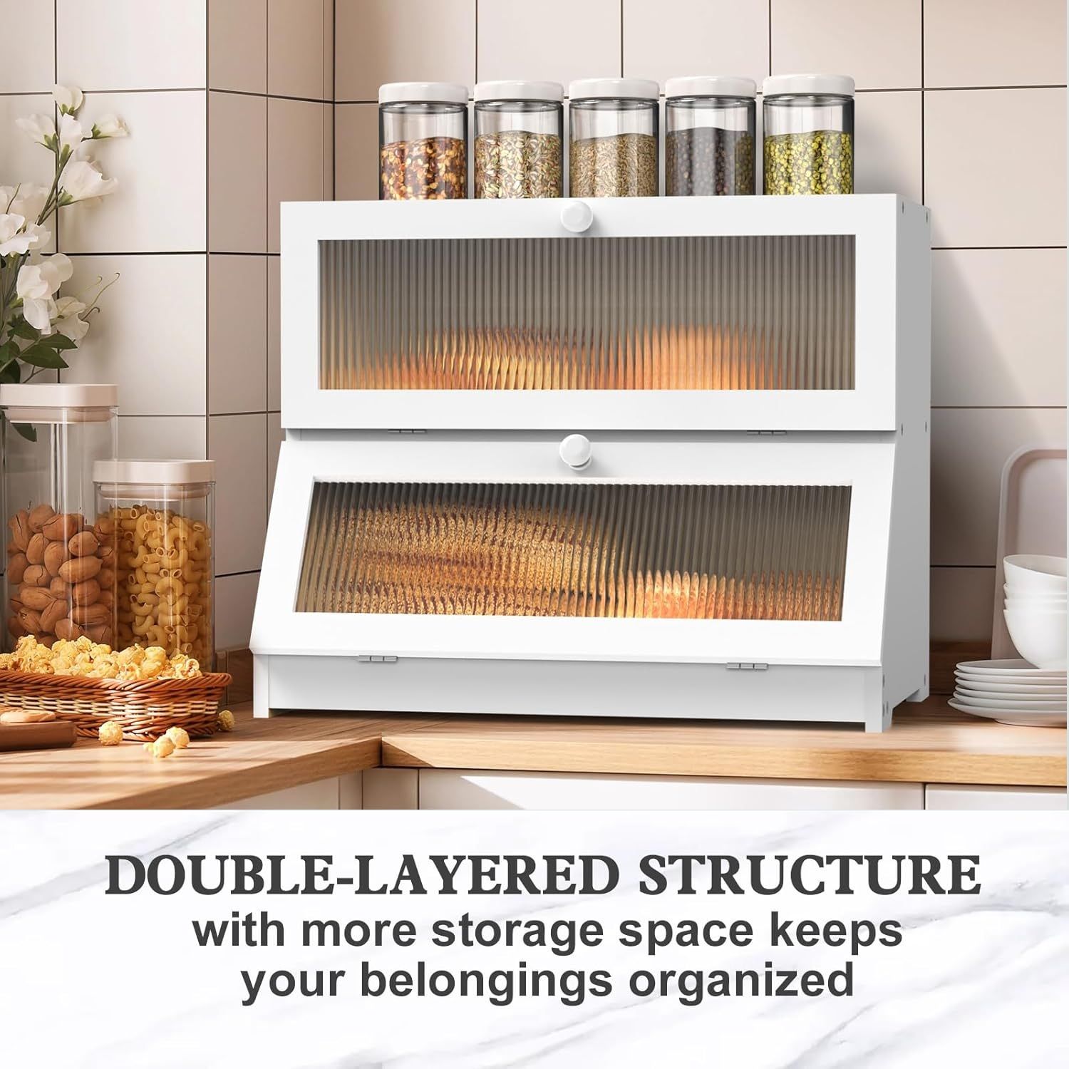 CARLA HOME Double Layer Bamboo Bread Box for Kitchen Counter - Large Capacity Bread Storage Container with Clear Window, Easy Assembly, Farmhouse Style Bread Holder (White) - Image 3