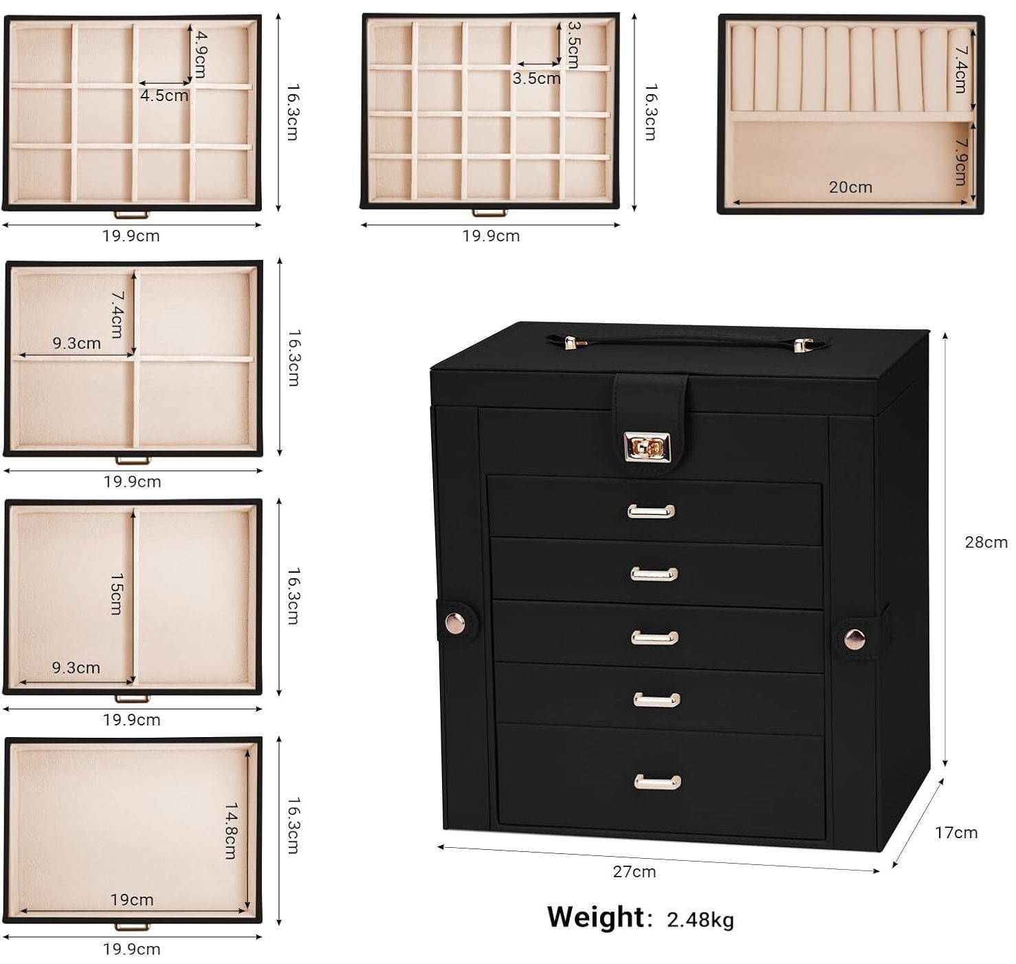 CARLA HOME 6-Layer Large Jewelry Box for Women with Drawers, Mirror, Lock, Necklace Hooks & Side Compartments for Rings, Earrings, Bracelets, Gifts (Black) - Image 3