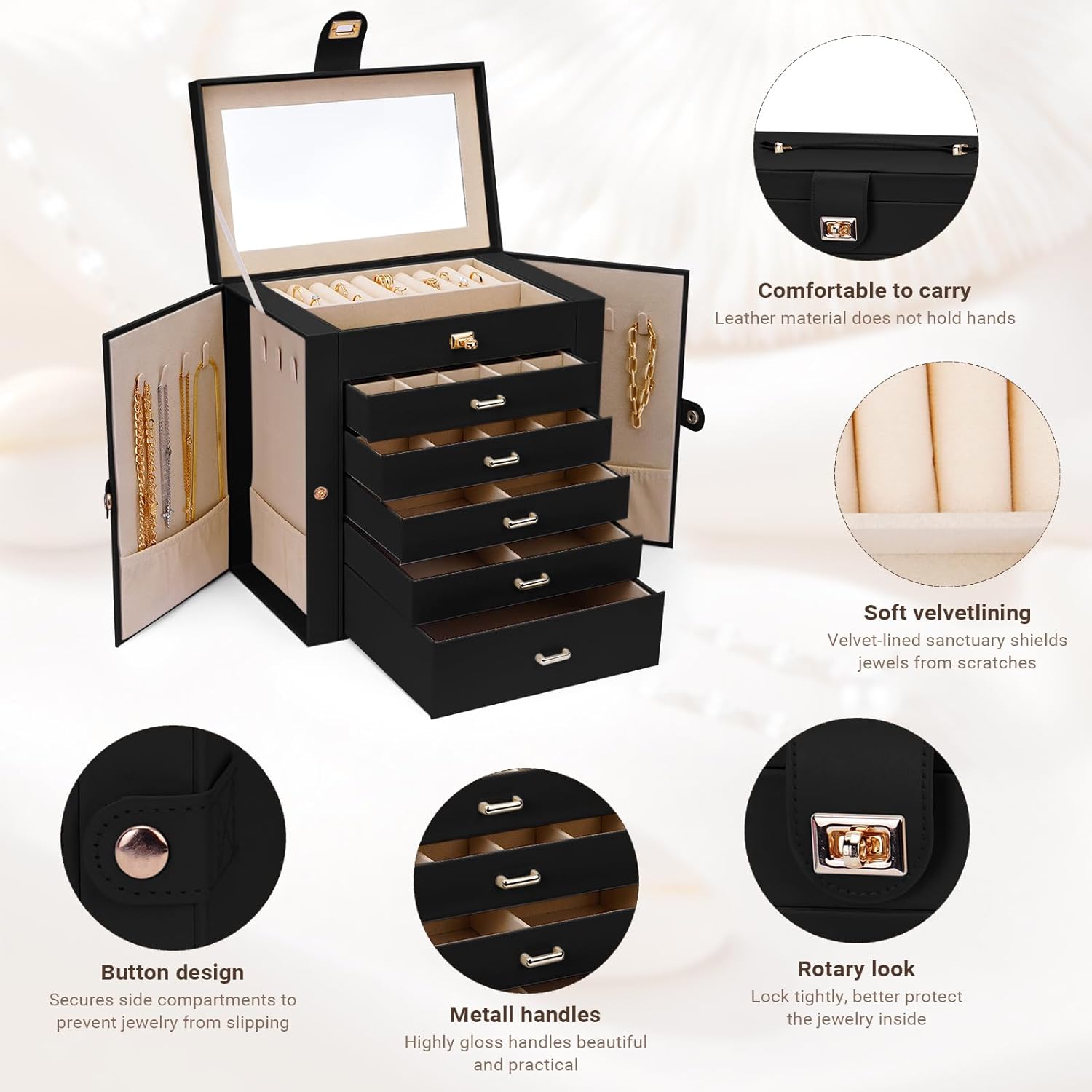 CARLA HOME 6-Layer Large Jewelry Box for Women with Drawers, Mirror, Lock, Necklace Hooks & Side Compartments for Rings, Earrings, Bracelets, Gifts (Black) - Image 5