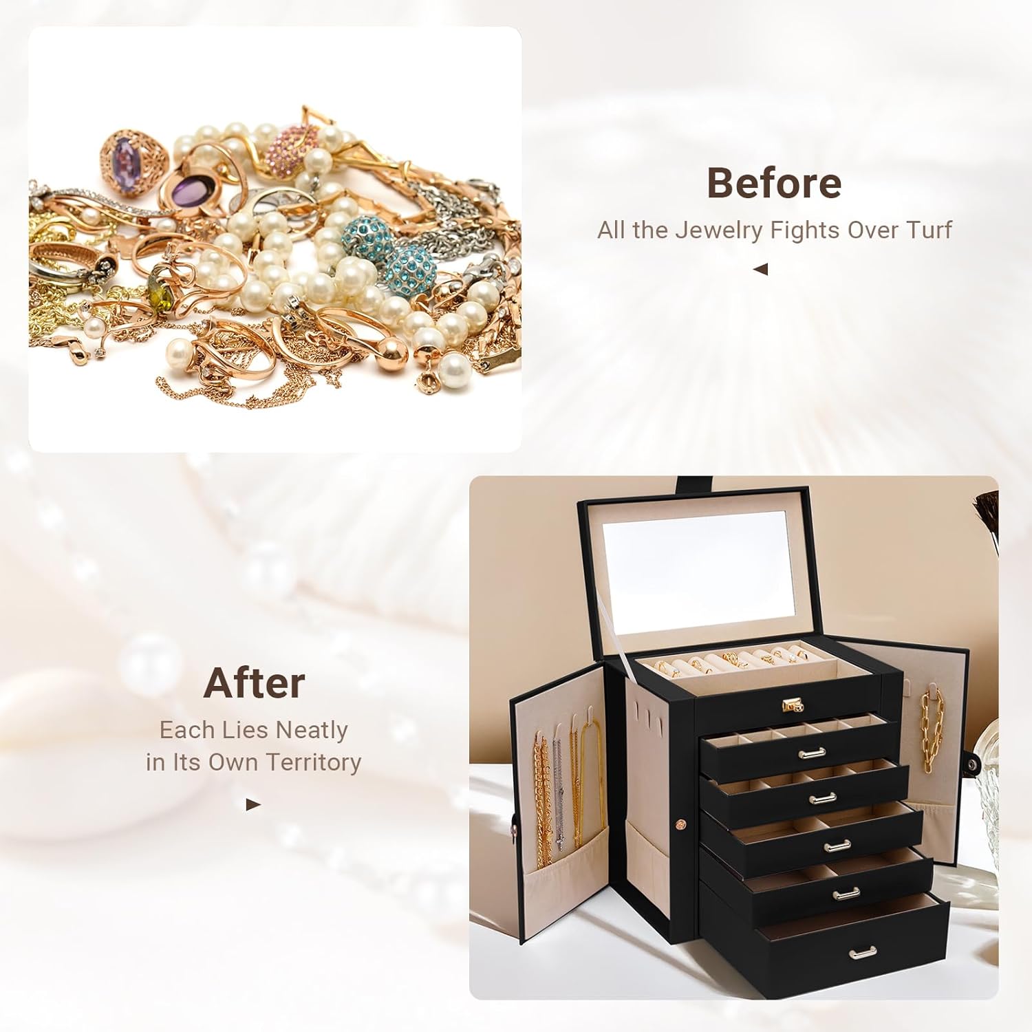 CARLA HOME 6-Layer Large Jewelry Box for Women with Drawers, Mirror, Lock, Necklace Hooks & Side Compartments for Rings, Earrings, Bracelets, Gifts (Black) - Image 6