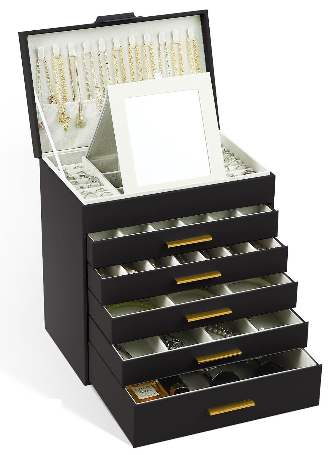 CARLA HOME 6-Layer Large Jewelry Organizer Box for Women with Mirror, Drawers, Hooks & Dividers for Rings, Necklaces, Bracelets, Ideal Gift for Women (Black)